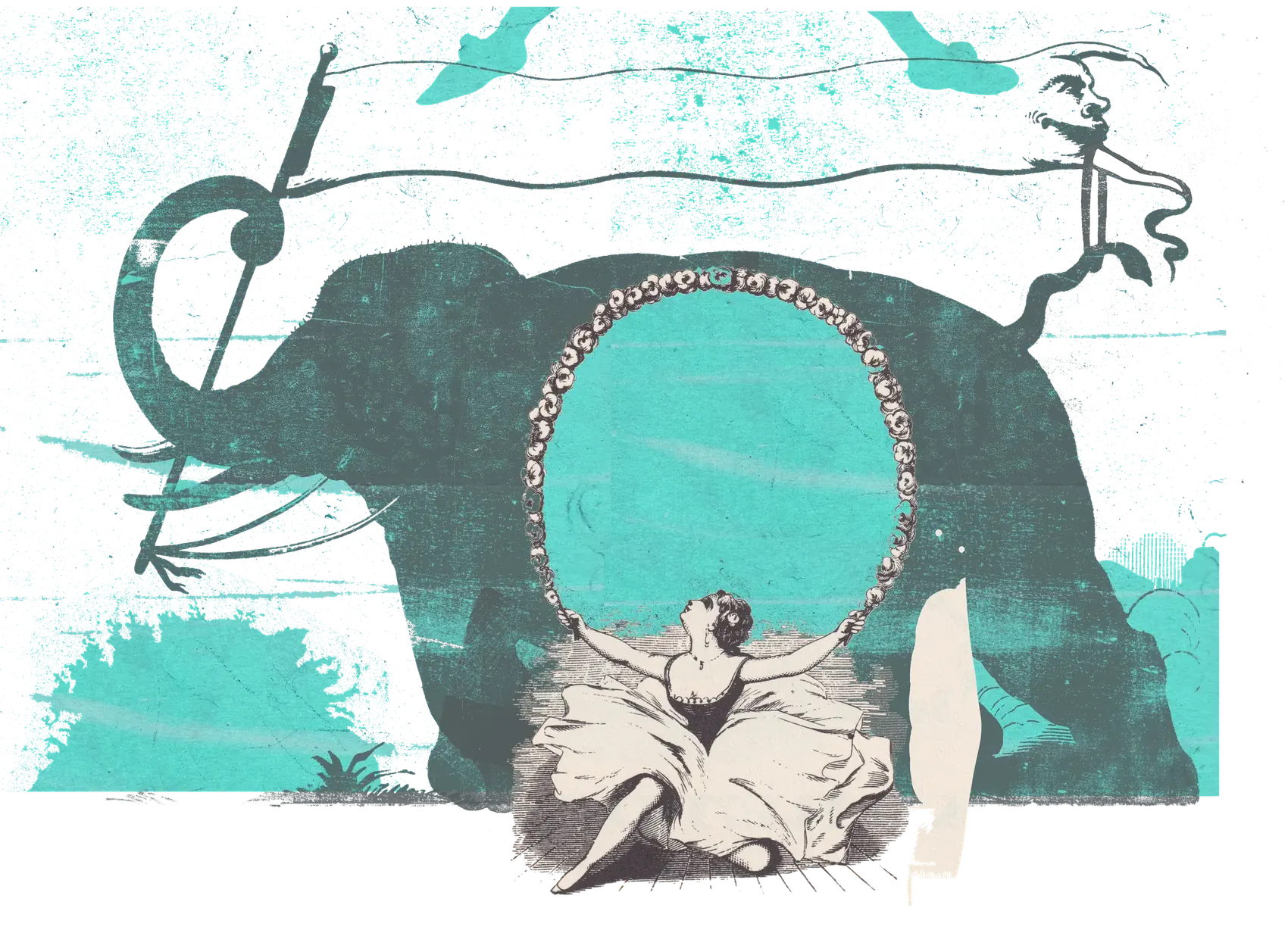 A teal elephant holding up a hoop with an acrobat seated inside it.