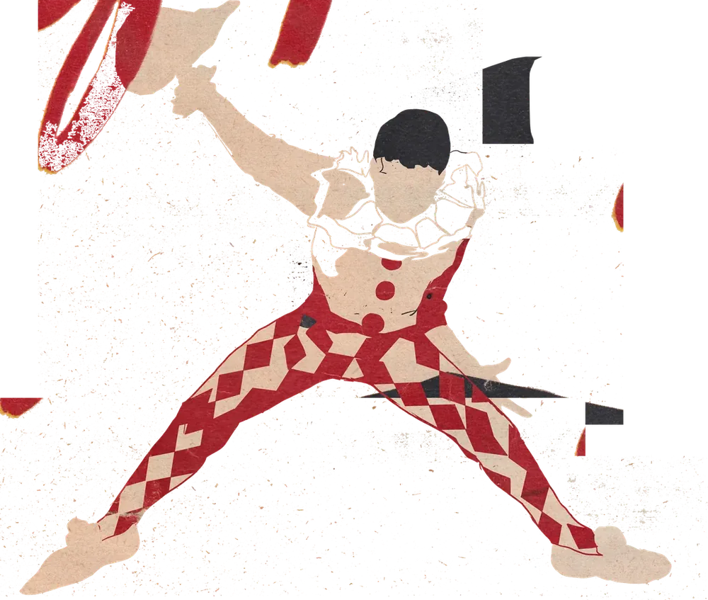 A harlequin in red diamonds doing the splits in mid air.
