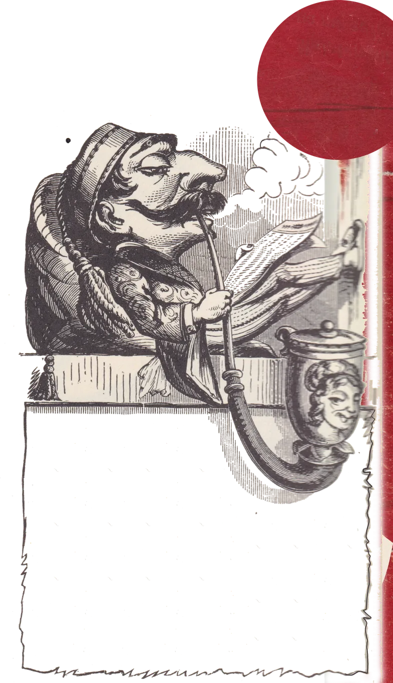 An engraved lion smoking a pipe beside a pedestal.
