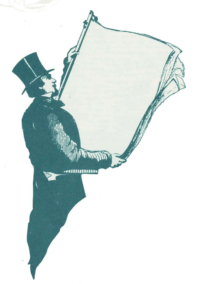 A ringmaster in a top hat holding up a banner.