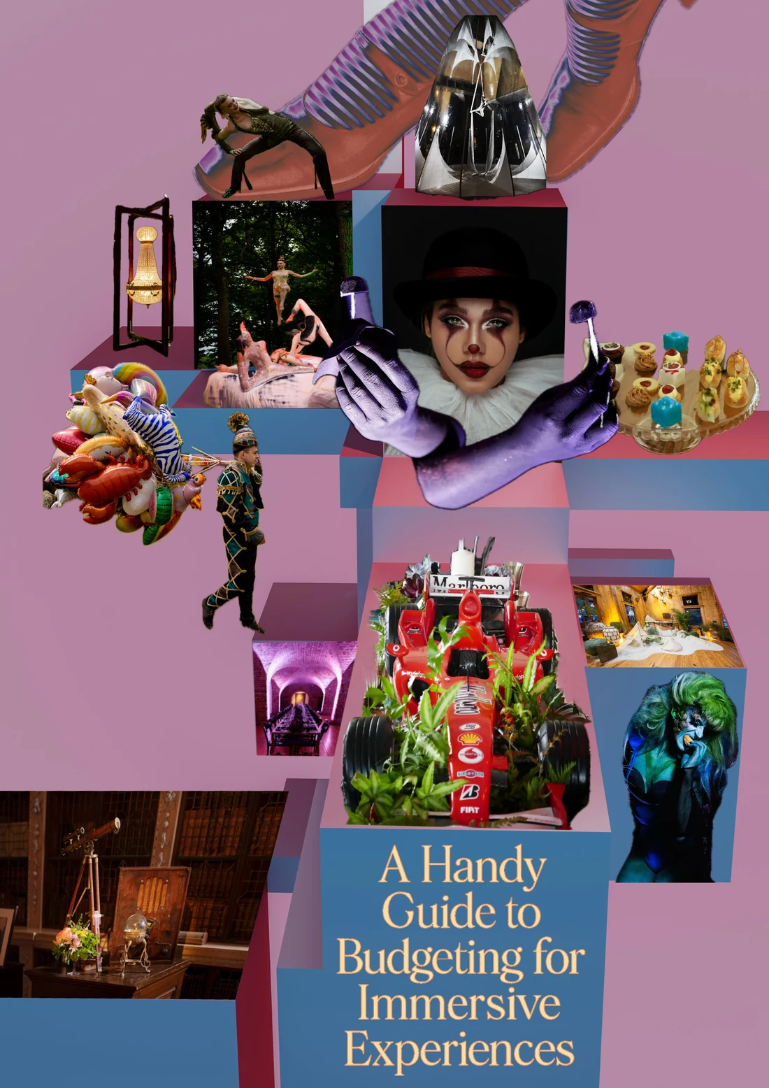 A collage on lilac and blue blocks: a Pierrot in a ruff with purple gloves, carnival masks, a horse, and a panel reading A Handy Guide to Budgeting for Immersive Experiences.