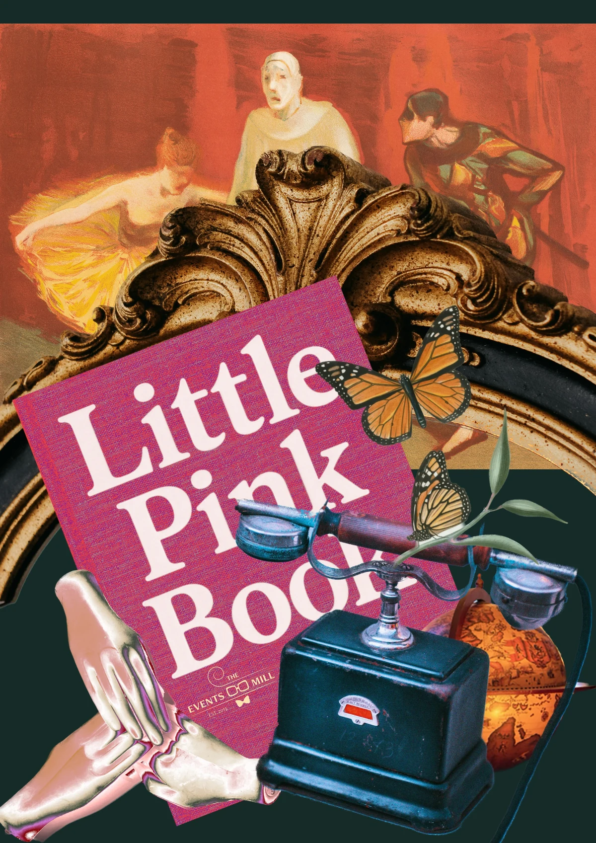 A collage: a book titled Little Pink Book held in a silver hand against a gilt frame, with monarch butterflies, a field telephone and a painted sofa behind.
