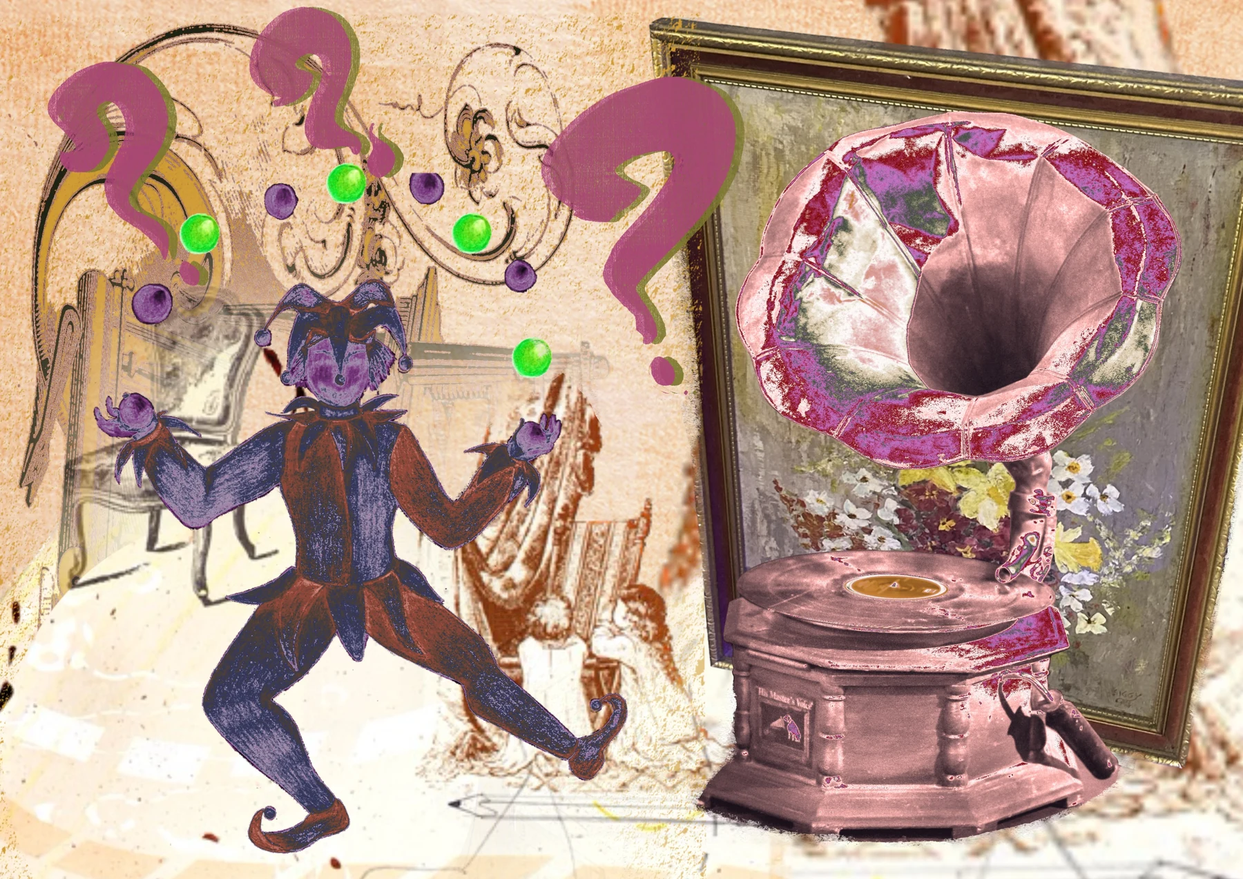 A collage on cream: a harlequin in a cat mask juggling green spheres beside a pink gramophone, with purple question marks floating above them.
