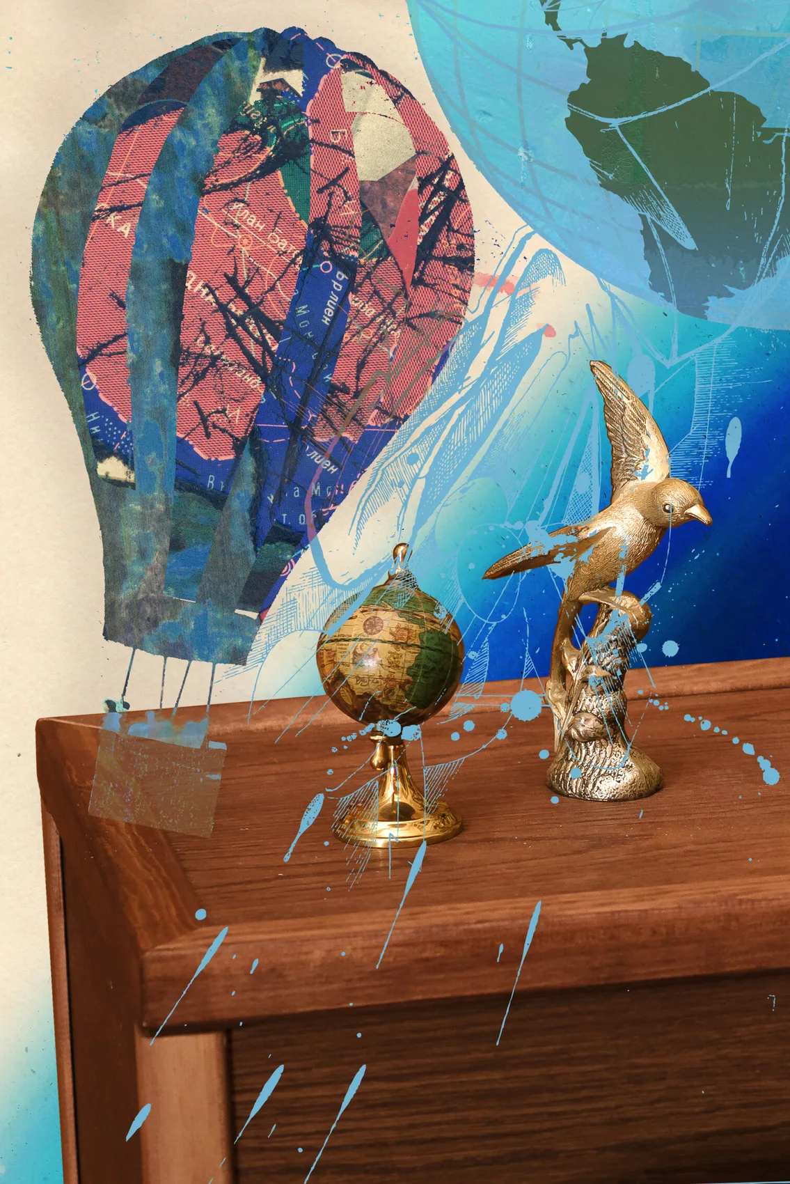 A globe and a golden eagle on a desk, with a hot air balloon behind