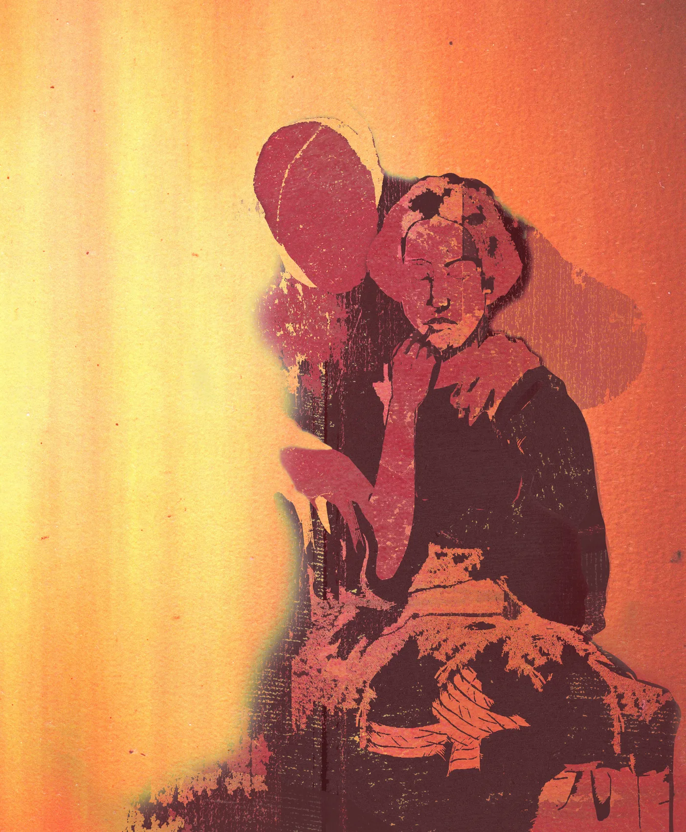 A figure bending over another beneath a burning orange sky