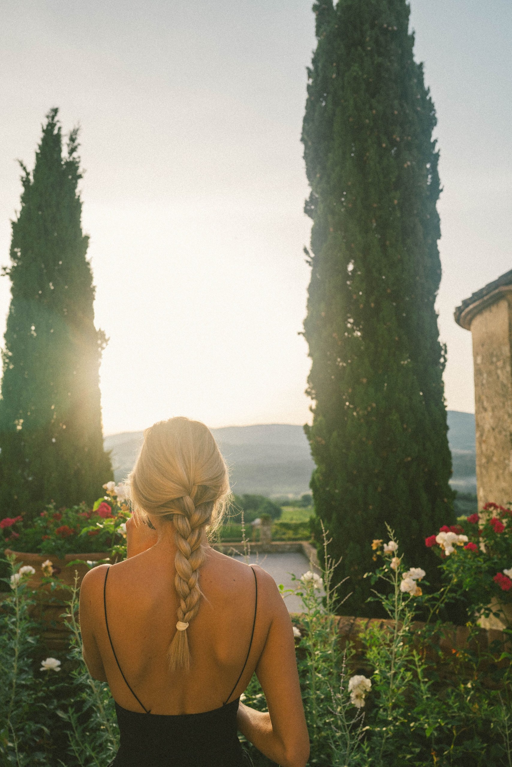 Cypresses and wild flowers in the grounds of Castello di Casole.