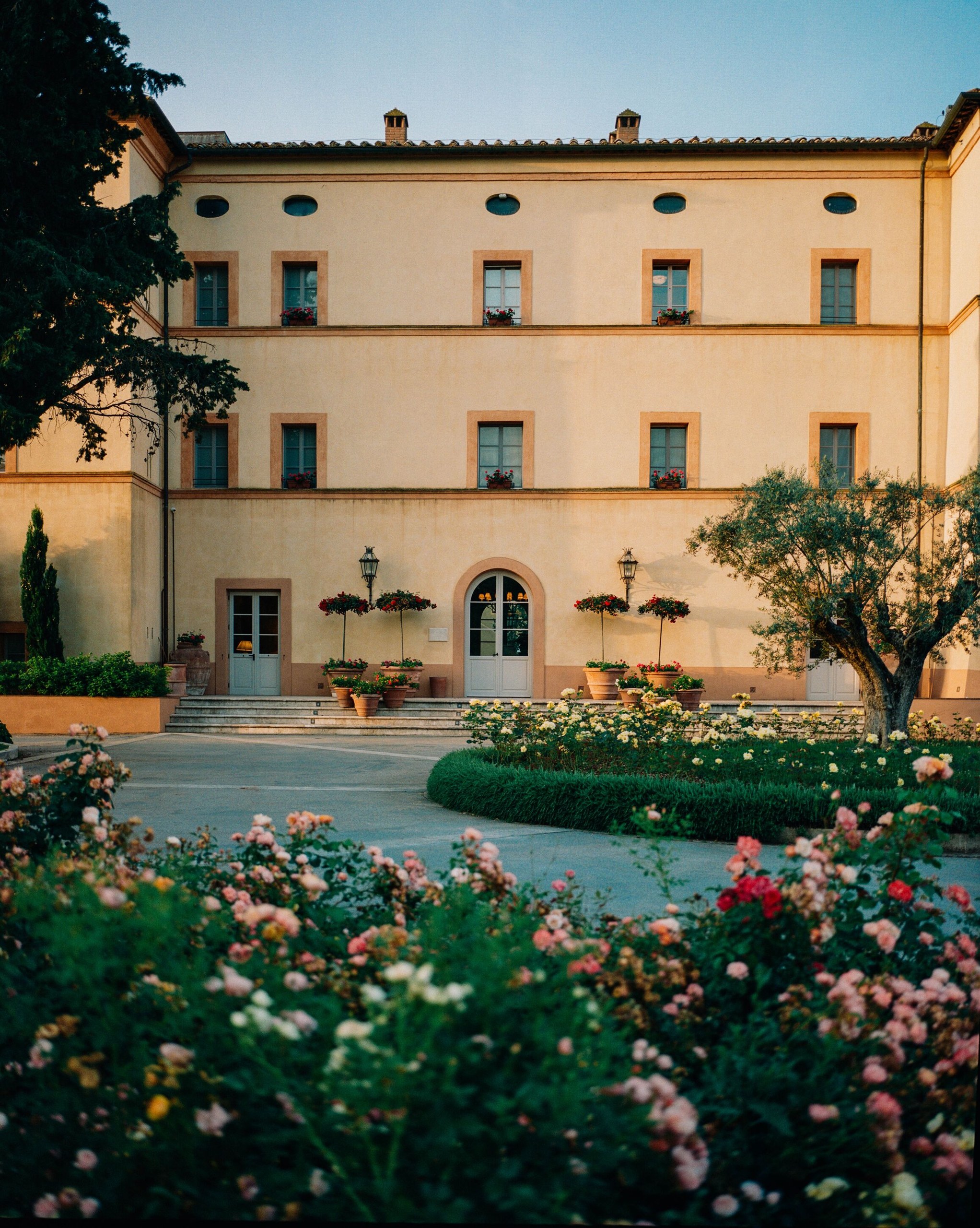 The sunlit facade of Castello di Casole above its rose garden.