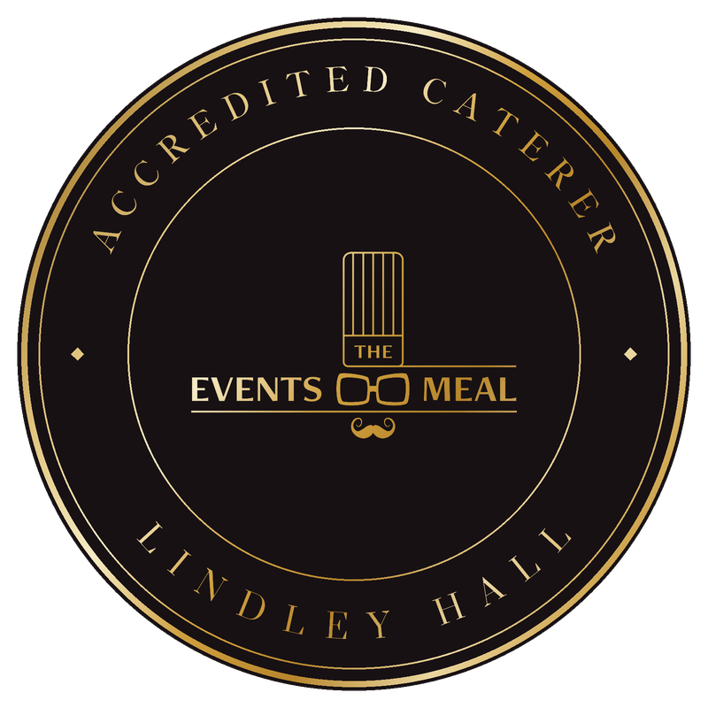 A gold seal on a dark disc reading Accredited Caterer, Lindley Hall, around The Events Meal mark.