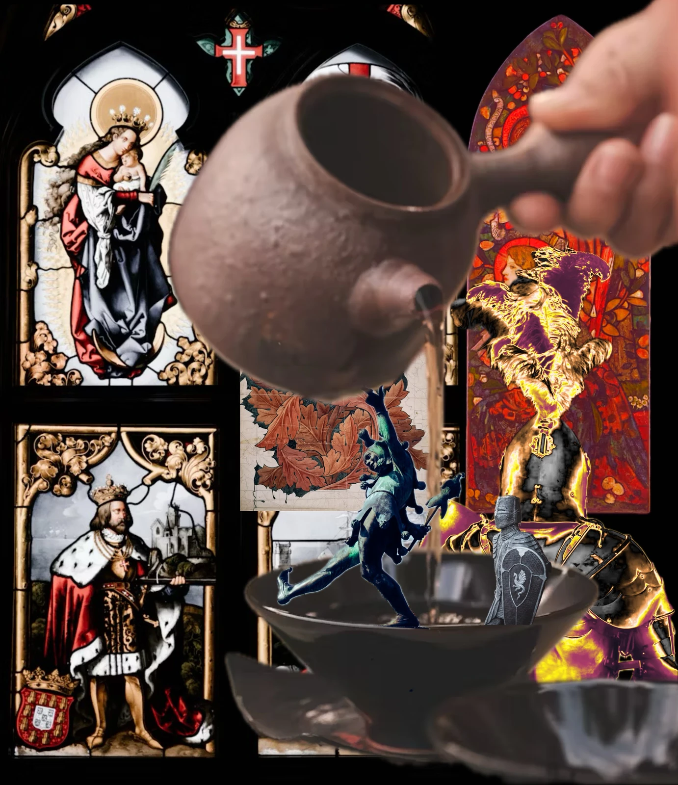 Collage of stained-glass saints and a crowned king, a hand pouring from a clay jug into a black bowl, and gilded figures, on a dark ground.