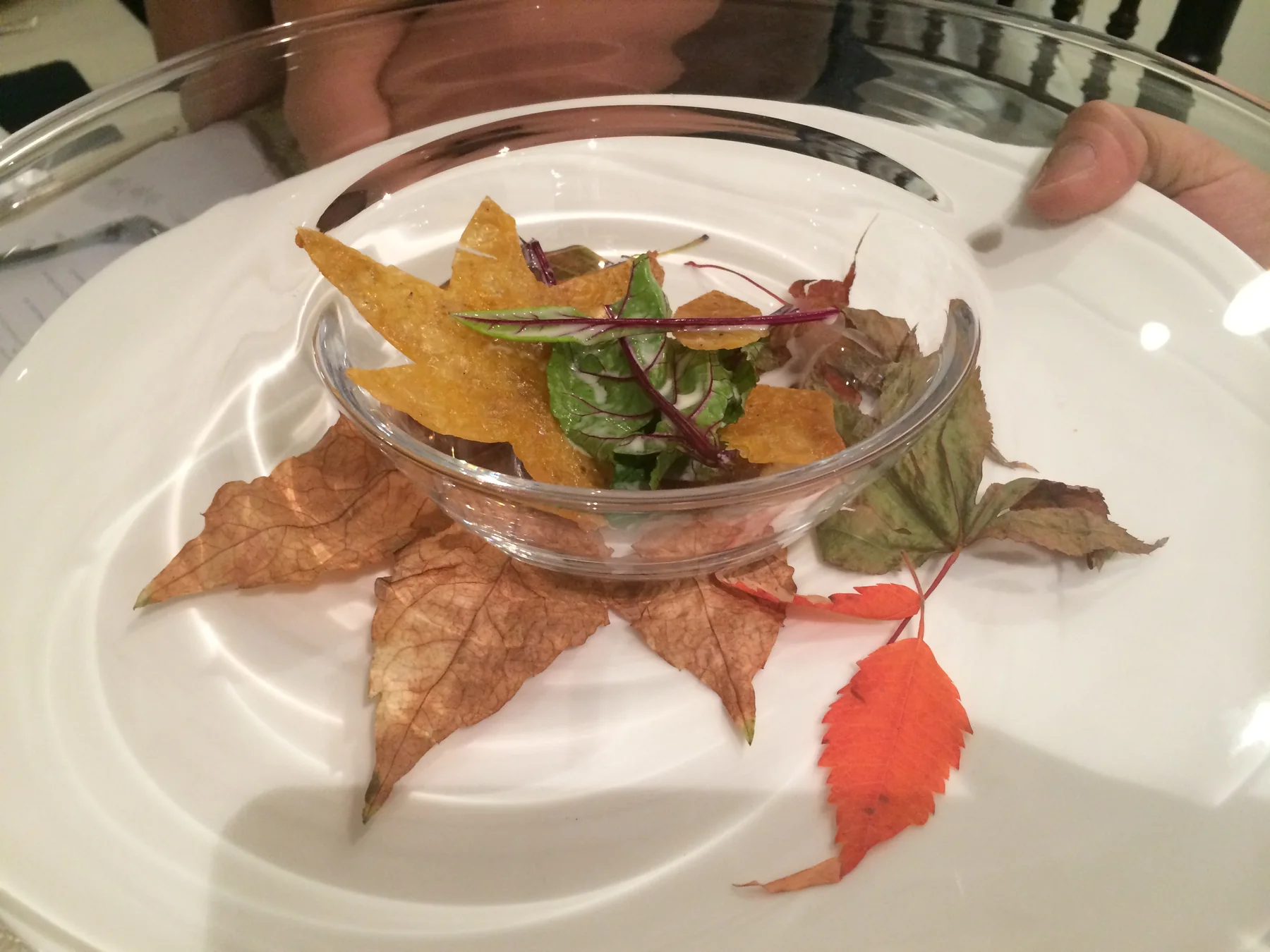 The chicken skin leaves on a white plate, autumn colours against the china.