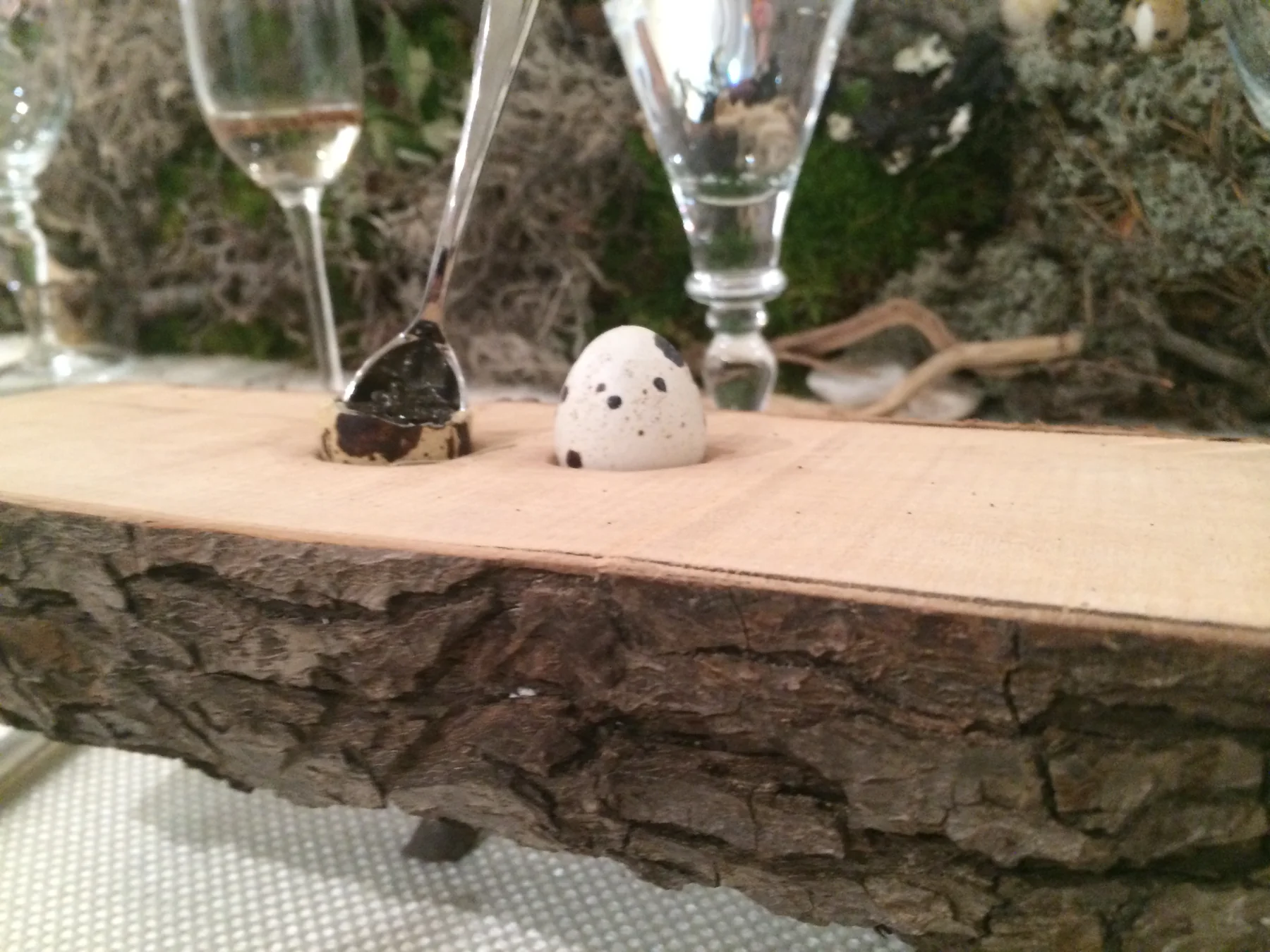 A quail's egg filled with caviar and truffle, served on bark in a split log.