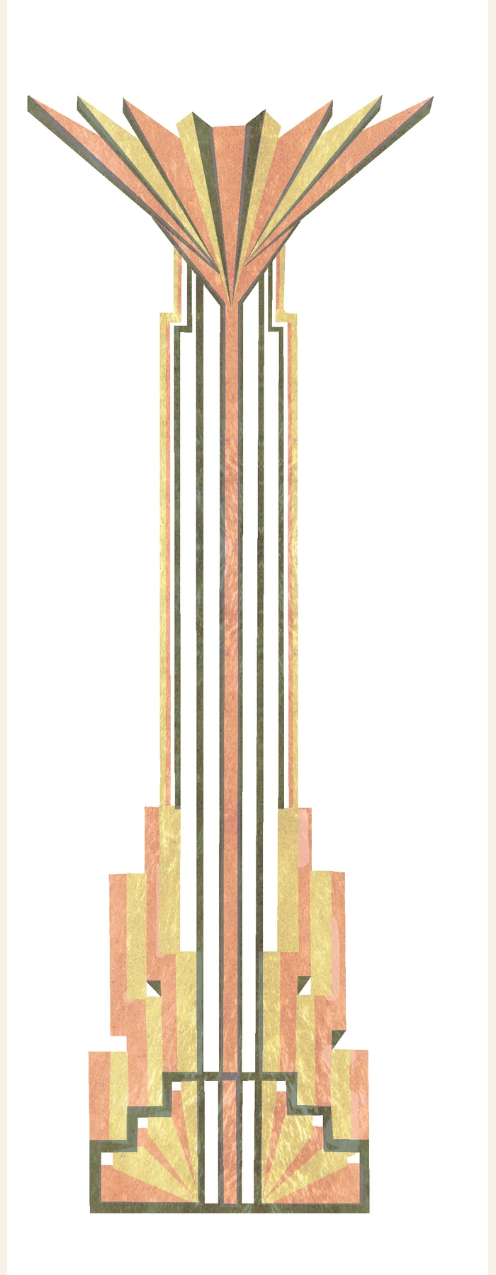 Art Deco column artwork, a salmon and green fan opening at the top of a stepped shaft, set whole on cream.