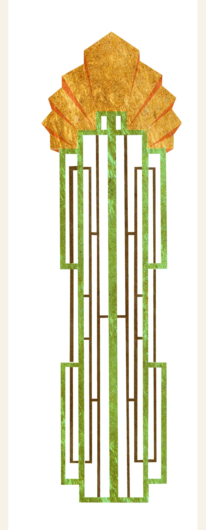 Art Deco column artwork, an orange fan above a green outlined shaft, set whole on cream.