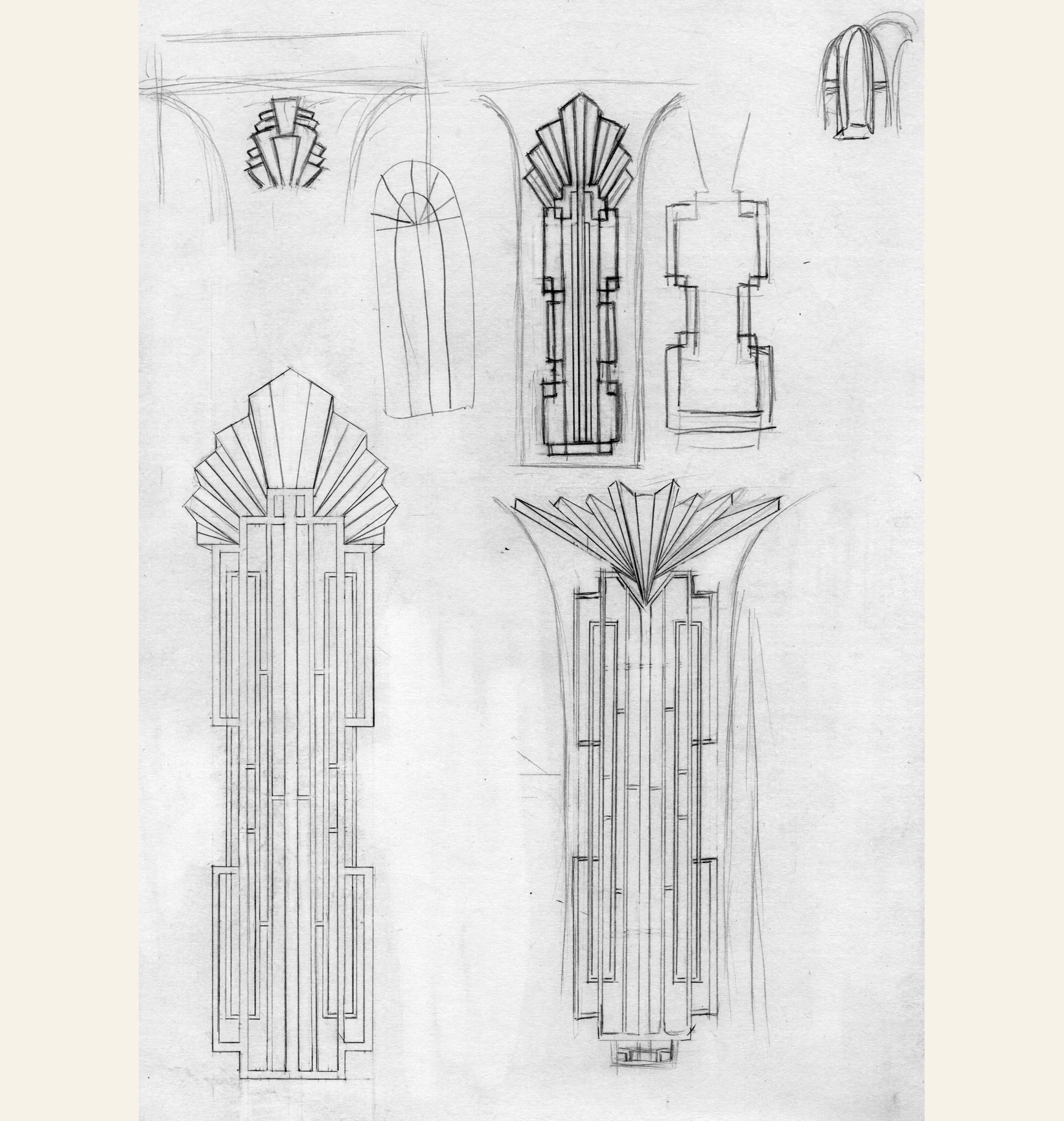 Christopher's pencil sheet of the Deco column designs, several schemes worked up side by side, set whole on cream.