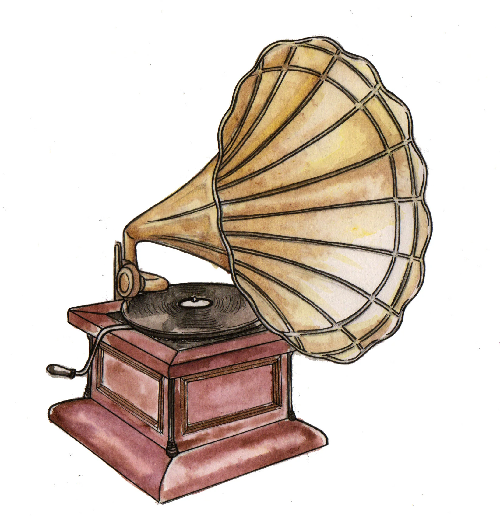 Christopher's drawn gramophone, the horn opening wide above a wooden case.
