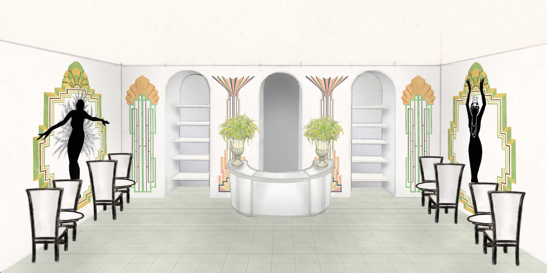 Christopher's drawn design visual of the bar elevation, the Deco columns set either side.