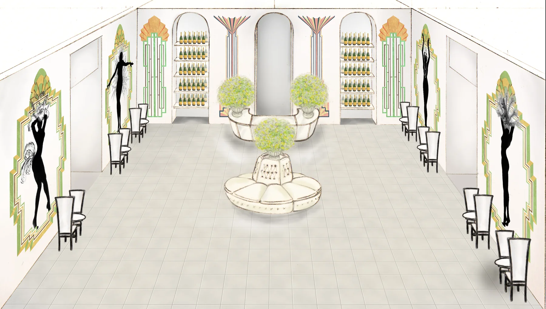 Christopher's drawn design visual of the whole space, the dancer panels and bar set out in elevation.